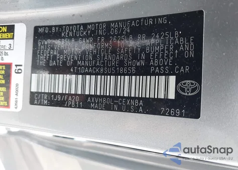 2025 Toyota Camry Le из США, поврежденный, VIN 4T1DAACK8SU518656